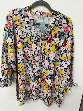 Source Unknown Floral Tie-Neck Blouse - Black, Yellow, Pink, Cream